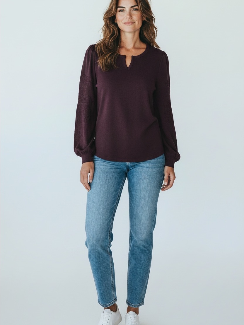 Democracy Deep Plum V-Neck Pullover Sweater With Floral Detail Sleeves Size Med